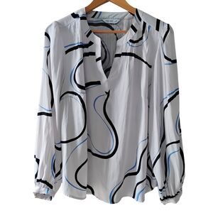 Nine West White Blouse with Blue and Black Swirls